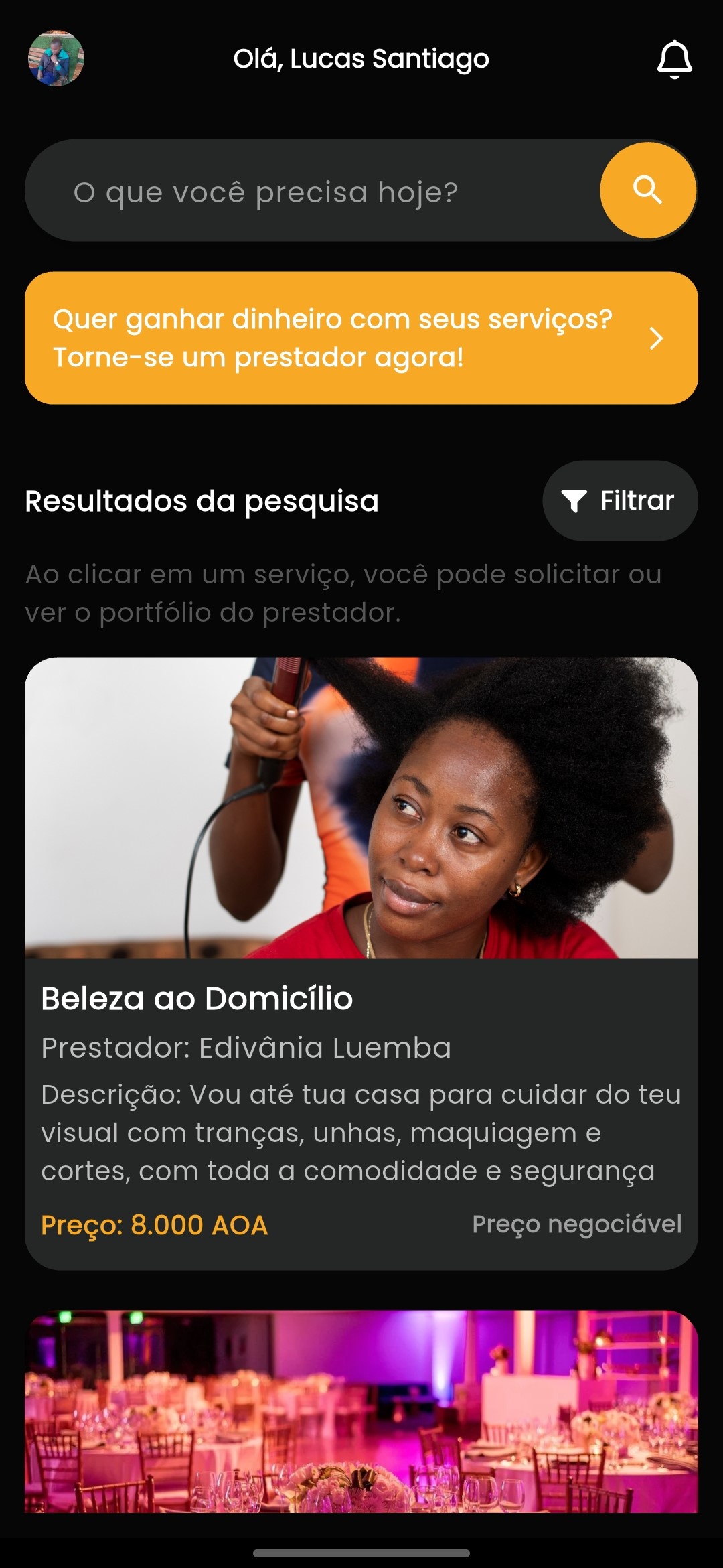 Screenshot do aplicativo do cliente