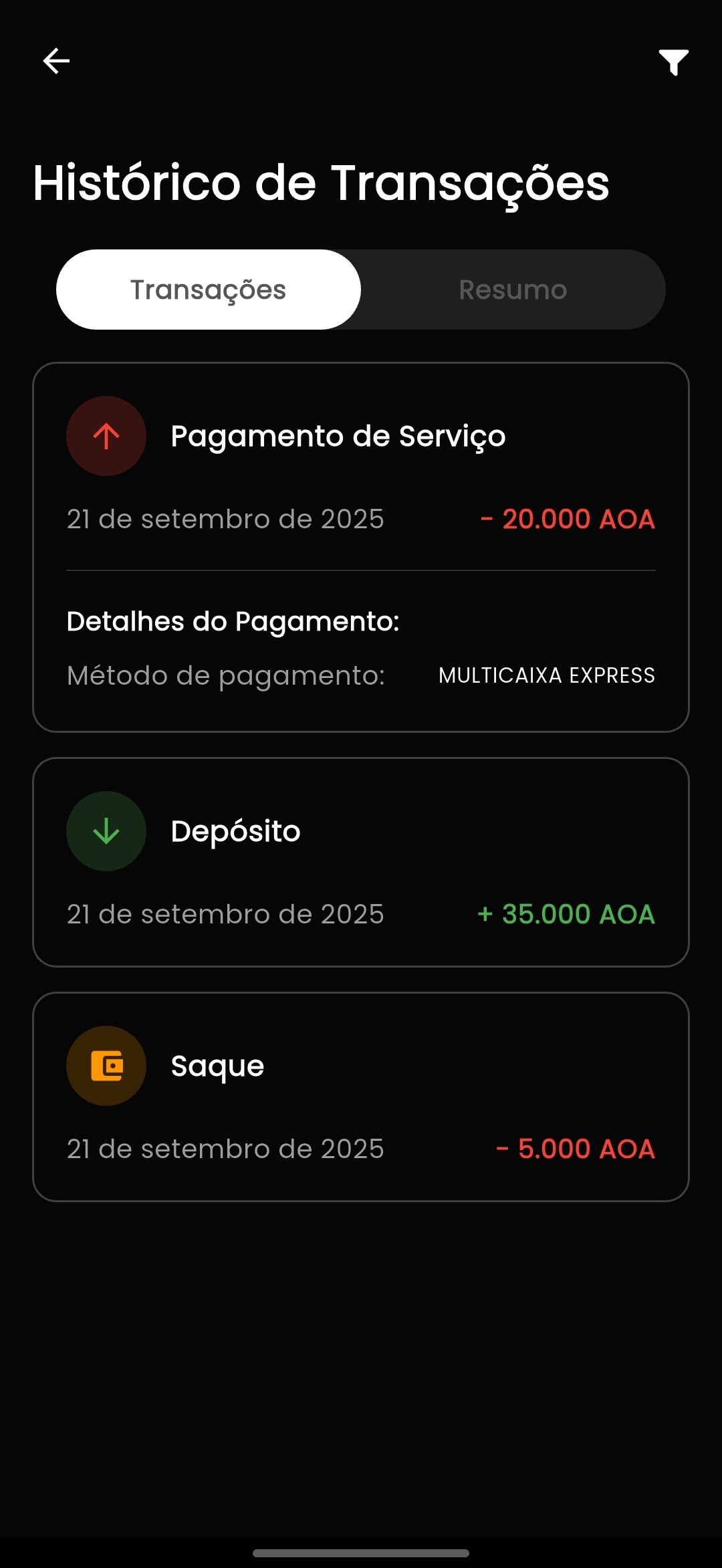 Screenshot Histórico de Transações